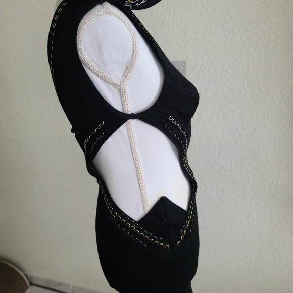 Herve Leger Black One-Shoulder Cutout Dress with Gold Trim - Picture 4 of 10